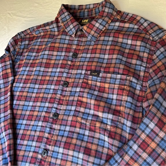 Lee Medium Blue & Red Flannel Button Up Men’s Long Sleeve Cotton Blend Casual - Picture 1 of 10